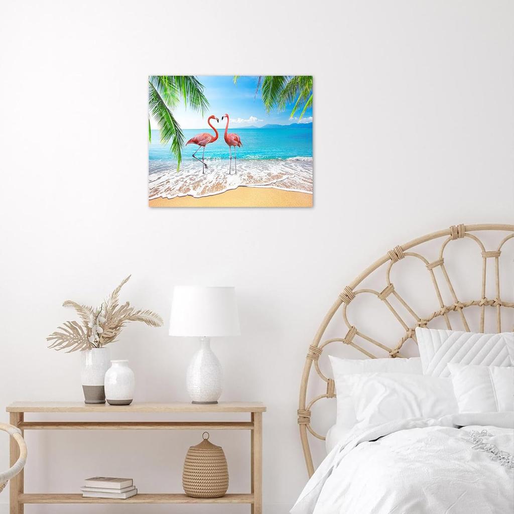 LB Pink Flamingo Beach Wall Art for Bathroom Tropical Green Palm Leaf Canvas Wall Art Wall Paintings Home Decor Blue Ocean Wall Pictures for Living