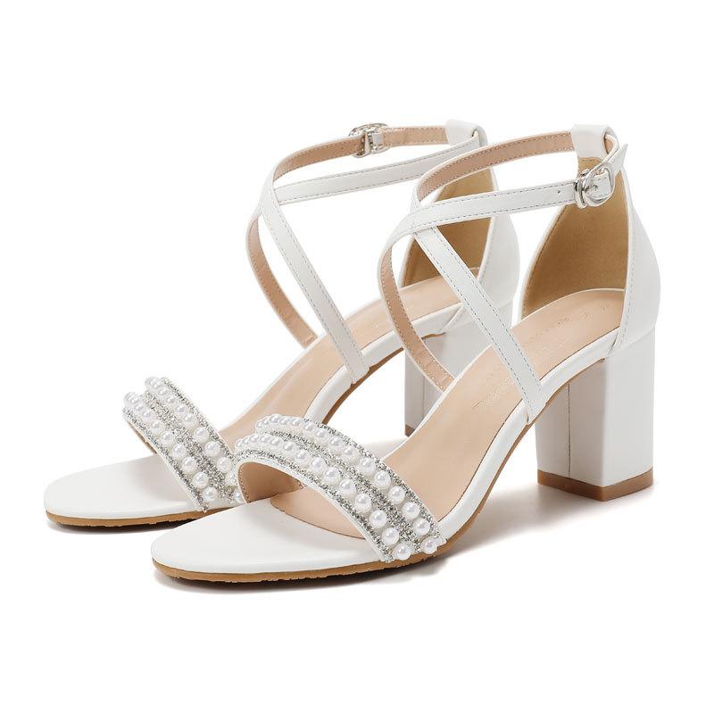 Foreign trade sandals 2025 new women's summer white high heels classic thick heel wedding shoes pearl word belt large size shoes 43