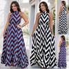 Sexy Sleeveless High Neck Wave Stripe Printed Dress Summer Tie Waist A-Line Dress