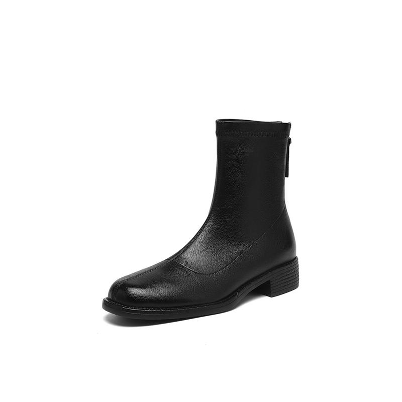 Fashion Women's New Leather Round Toe Autumn and Winter Mid Heel and Calf Back Zipper Retro Comfortable Elastic Short Boots