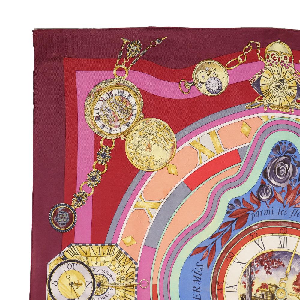 Hermes Carree90 Scarf Parmi Les Fleurs Je Compte Les Heures Time Spent In the Flowers Red/multicolor Silk Women Used