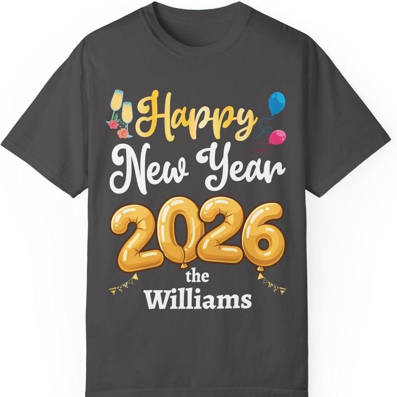 Individuelles Frohes Neues Jahr 2026 T-Shirt Personalisierter Familienname Silvesterparty Unisex Kleidungsstück Baumwoll-Oberteil Ganzjahres-Qualität Mode-T-Shirts