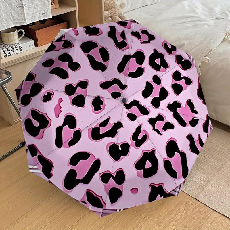 1pc Pink Leopard Print Fashionable Automatic Opening/Closing Folding Umbrella with 8 Iron Bones, Plastic Handle yy251015077