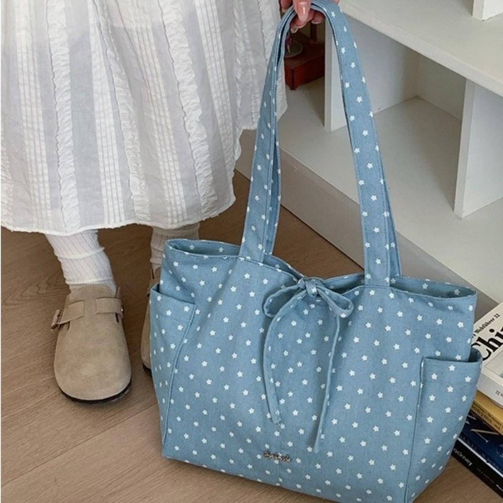 Korean Style Bow Tote Bag Large Capacity Women Handbag Sweet Polka Dot Shoulder Bag Spicy Girl