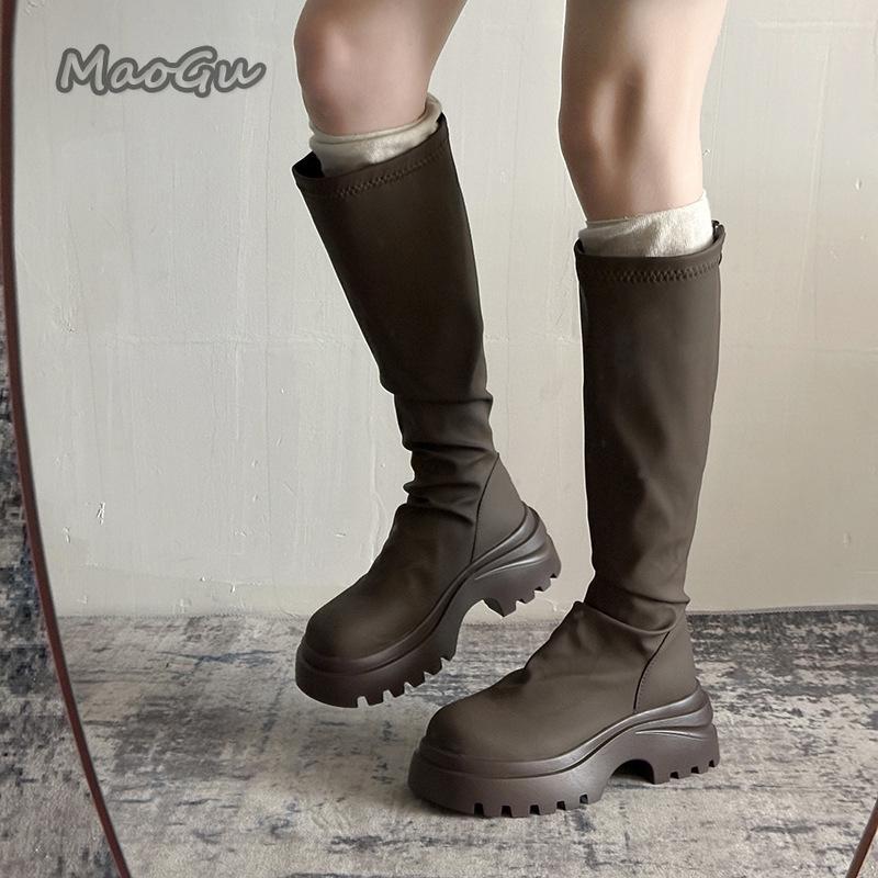 Fashion Thick Bottom Women's Pleated Long Boots Brown Modern Fashion Autumn Knee-High Platform High Boots Botas Mujer Size 35-40 Botas