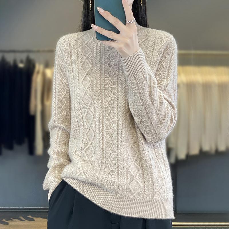 Solid Colour Half High Neck Threaded Stranded Flower Top Women's Pullover Knitted Sweater Tide