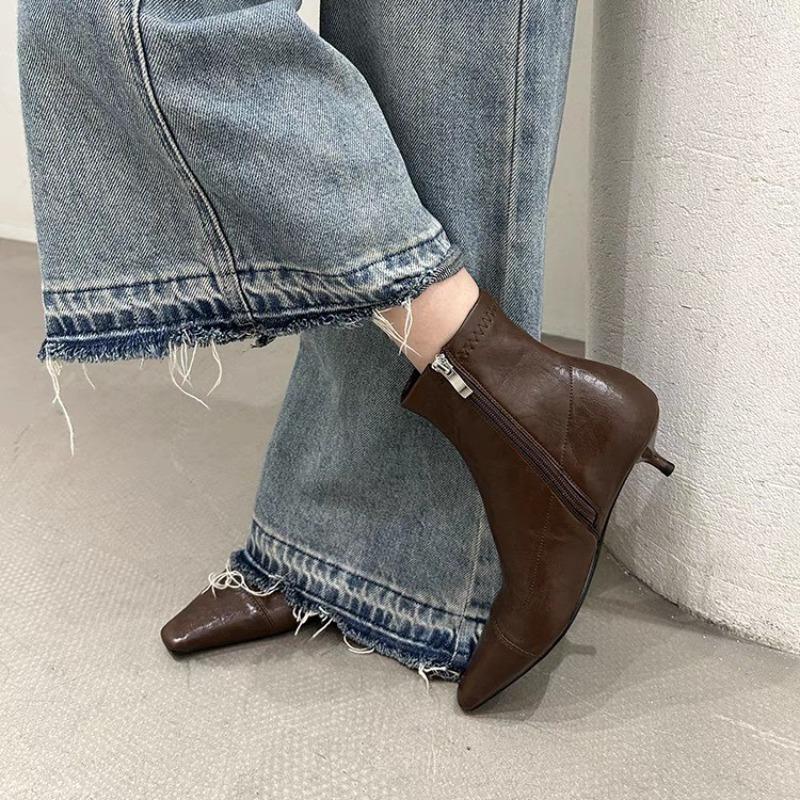 

Осень Новые Маленькие Узкие Ботинки-Последователи Мода Квадратный Носок Боковая Молния Противоскользящие Износостойкие Ботинки до Середины Бедра 39 коричневый