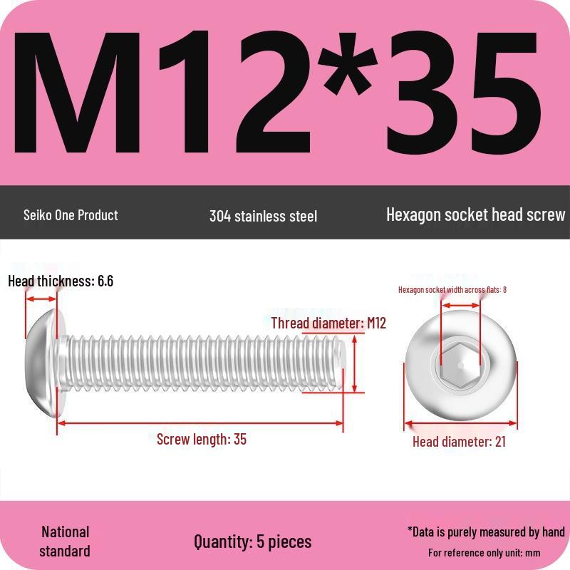 304 Stainless Steel Pan, Half, and Round Head Hexagon Screws (M2-M12)