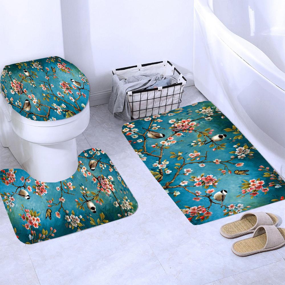 Chinese Style Flowers And Birds Waterproof Shower Curtain Set Toilet Seat Cover Bath Non-Slip Mat Rug Carpet Bathroom Decor