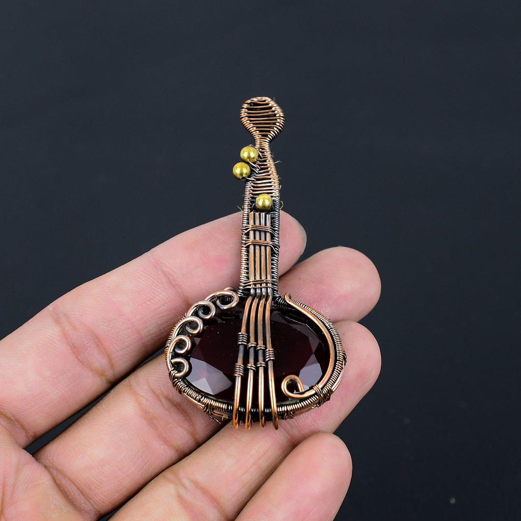 Unique Guitar Shaped Red Garnet Gemstone Pure Copper Wire Wrapped Handmade Pendant Jewelry