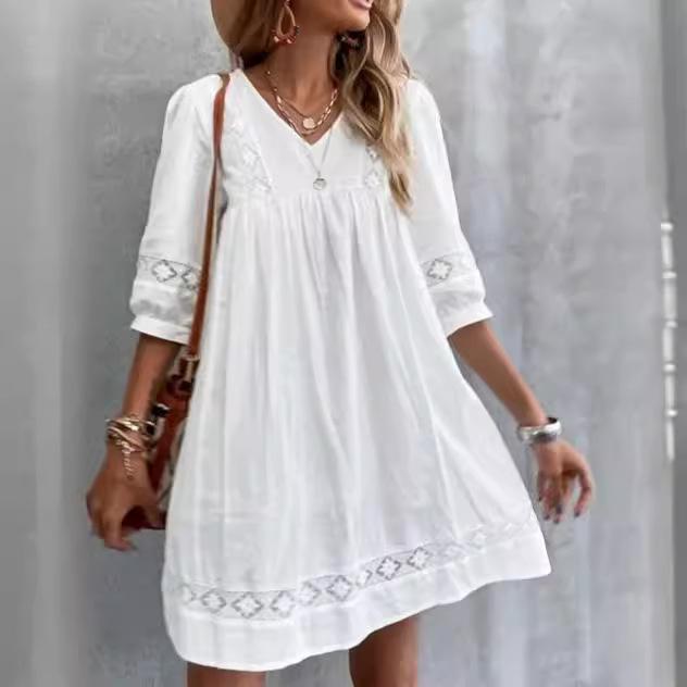 Vestito Corto Casual A Line da Donna con Scollo a V, Maniche a Tre Quarti e Inserti in Pizzo, Vestibilità Ampia