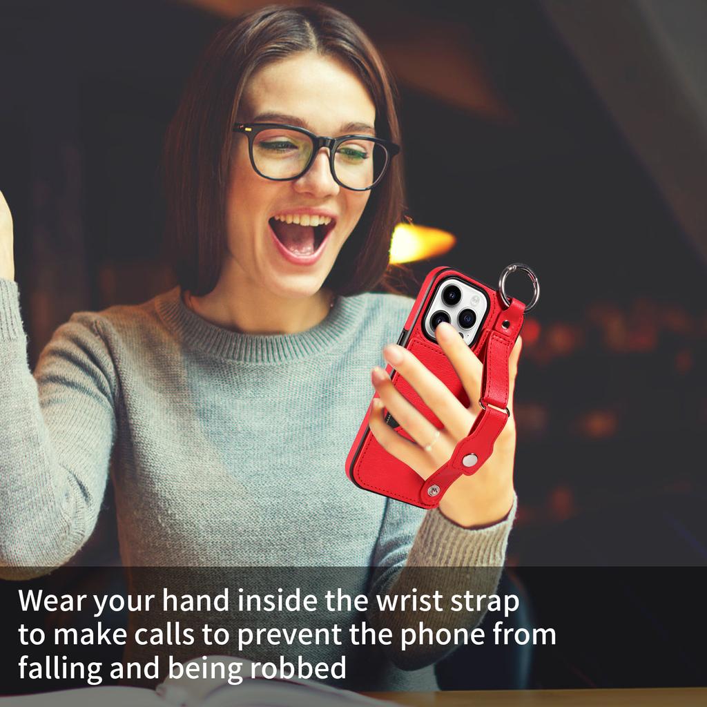 Etui na telefon ze skóry PU z kieszeniami na karty, z pierścieniem na palec i klamrą do paska na nadgarstek do iPhone'a XS, XR, XS Max, iPhone'a 7,8,7Plus,11,11Pro,11Pro,12,13,14,15...