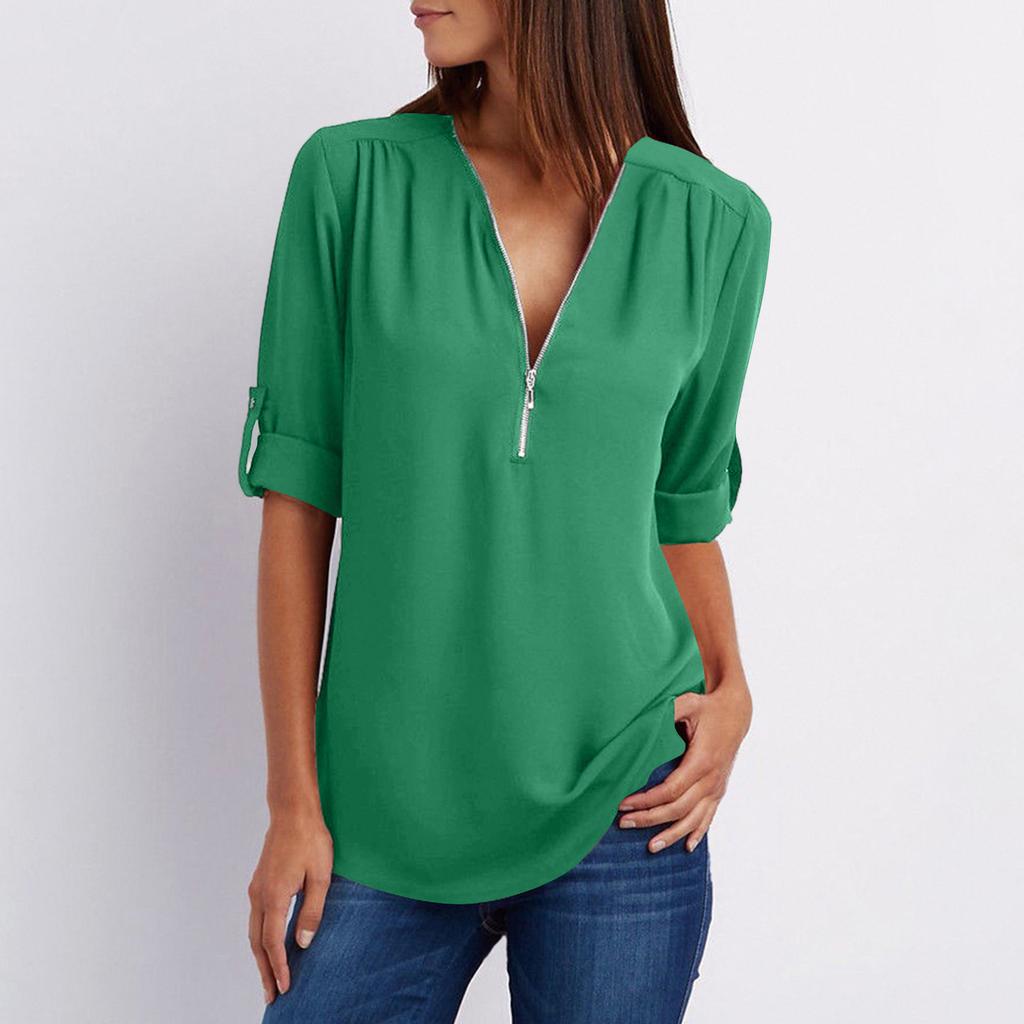 Women's Color Casual Fashion V-neck Zipper Long Sleeved Loose Chiffon Top With Adjustable Sleeves