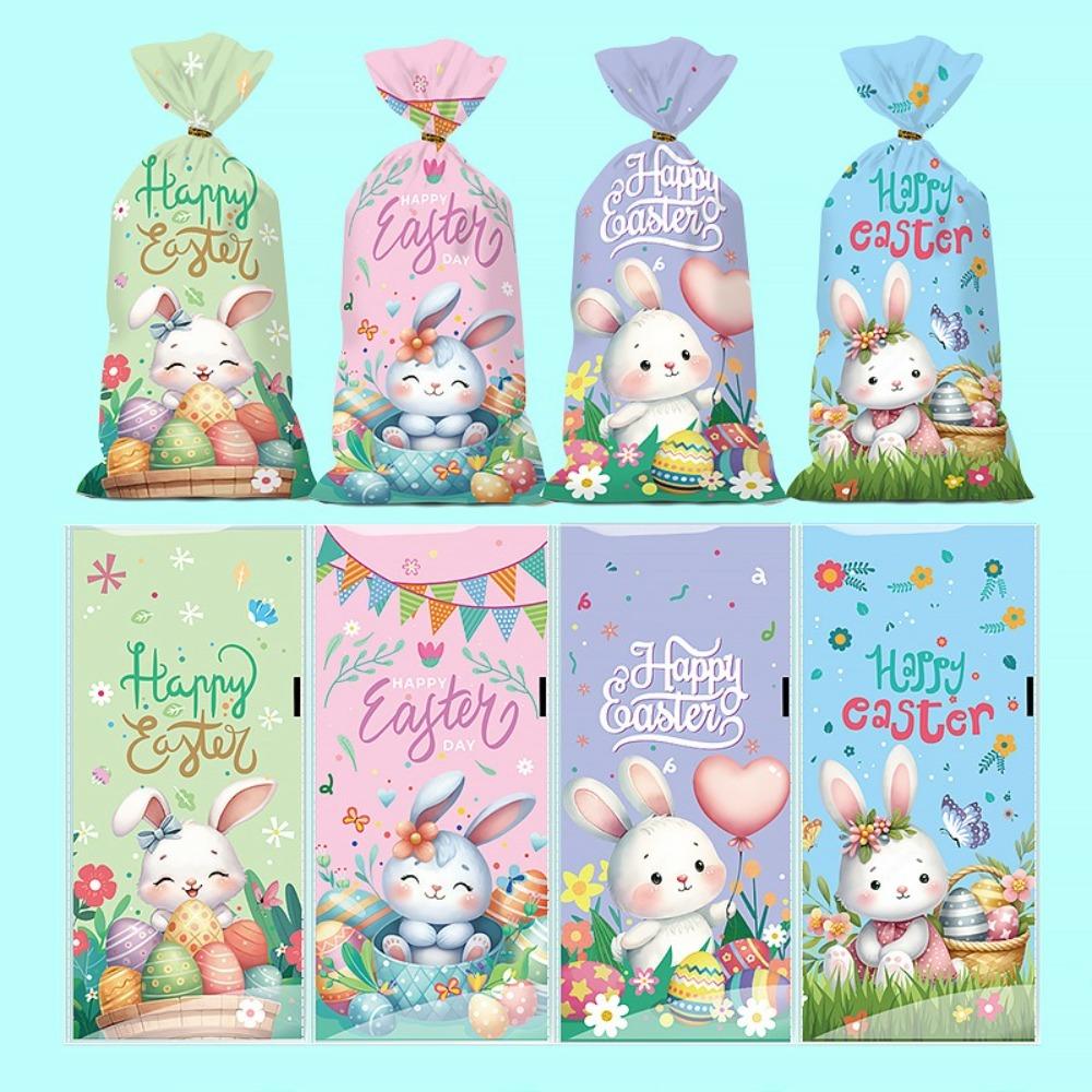 50pcs Happy Easter Plastic Candy Bags Little Bunny Colorful Balloon Gift Packing Bag Easter Egg Pattern Biscuits Wrapping Bag