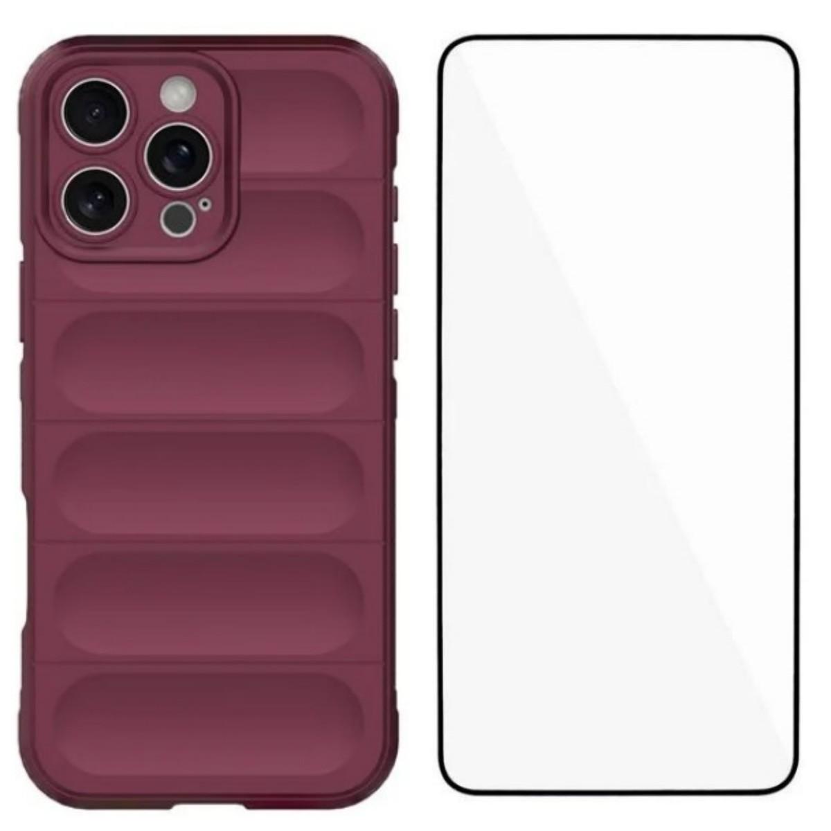 

For iPhone 16 Pro TPU Case WANLONFENG HD Series Anti Slip Phone Cover with Tempered Glass Wine Red