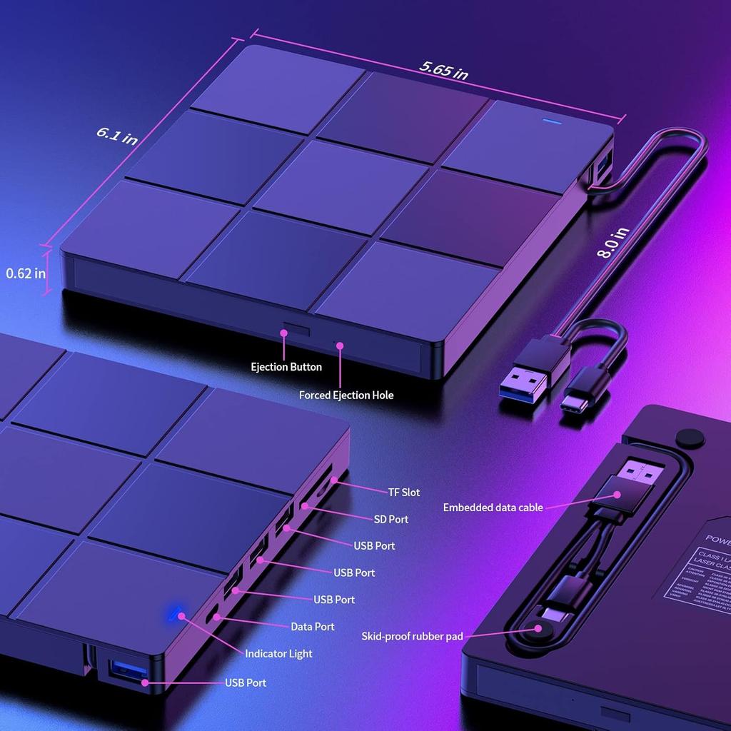 Externí CD/DVD mechanika, DVD přehrávač pro notebook, USB 3.0 Ultra-štíhlá přenosná CD vypalovačka Optická mechanika Kompatibilní s počítačem Mac PC