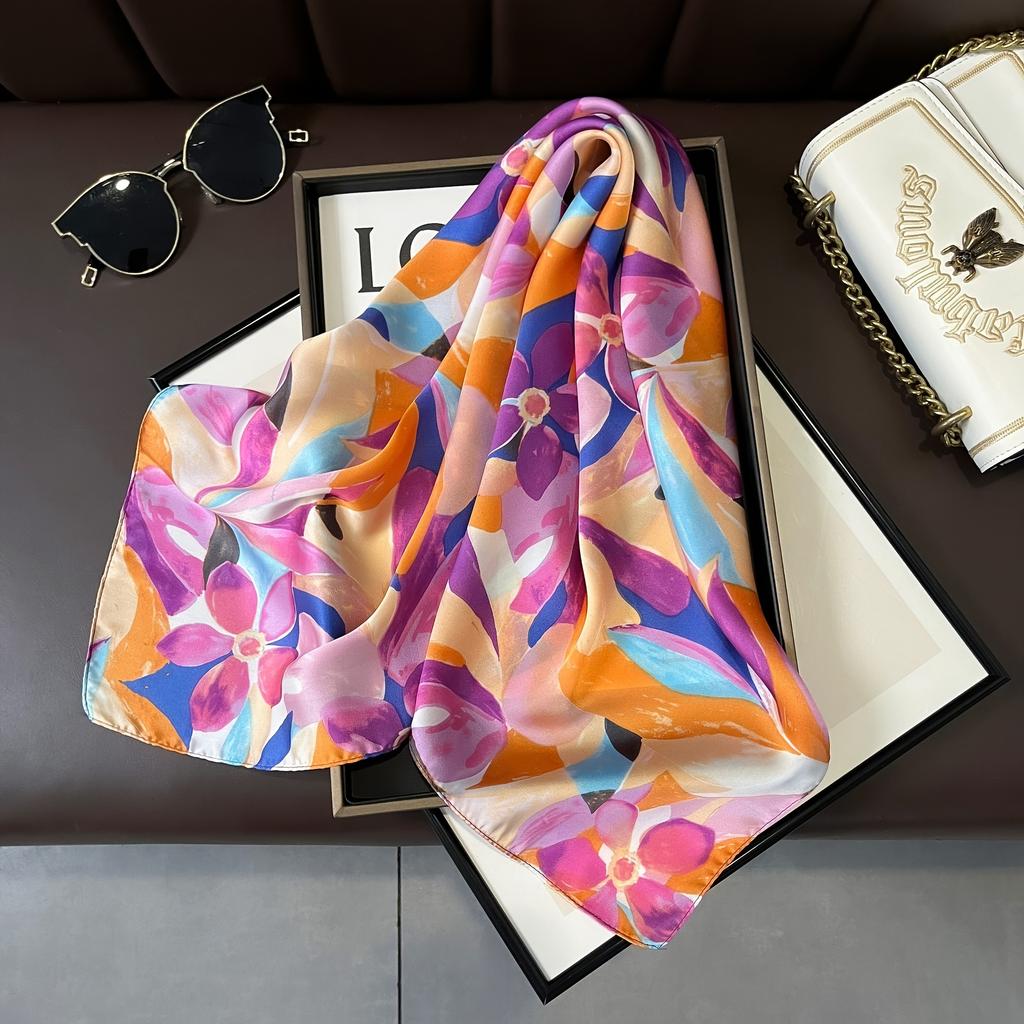 27.6inch Colorful Print Square Scarf Simulated Silk Neck Scarf Mature Style Professional Versatile Small Scarf