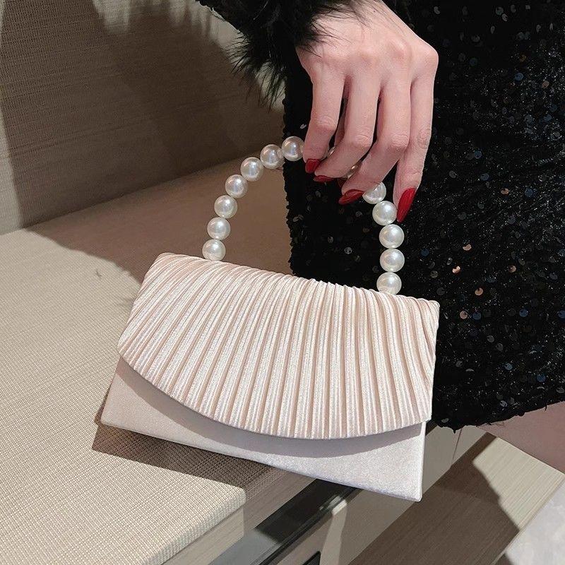 Beige Pleated Handbag Women Pearl Handle Flap Shoulder Bag Ladies Elegant Fashion Banquet Desiqner Luxury Crossbody Bag 2025 New