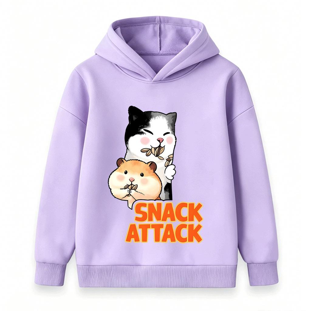 Kids Boys Girls Hoodie, Cute Cat Hamster Snack Attack Print Casual Long Sleeve Pullover Sweatshirt for Daily Wear