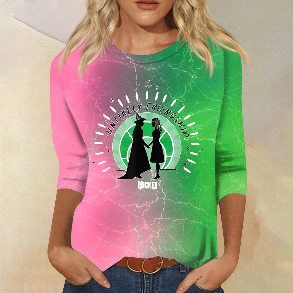 Women's Fashionable Casual Three-Quarter Sleeve Printed Round Neck Top