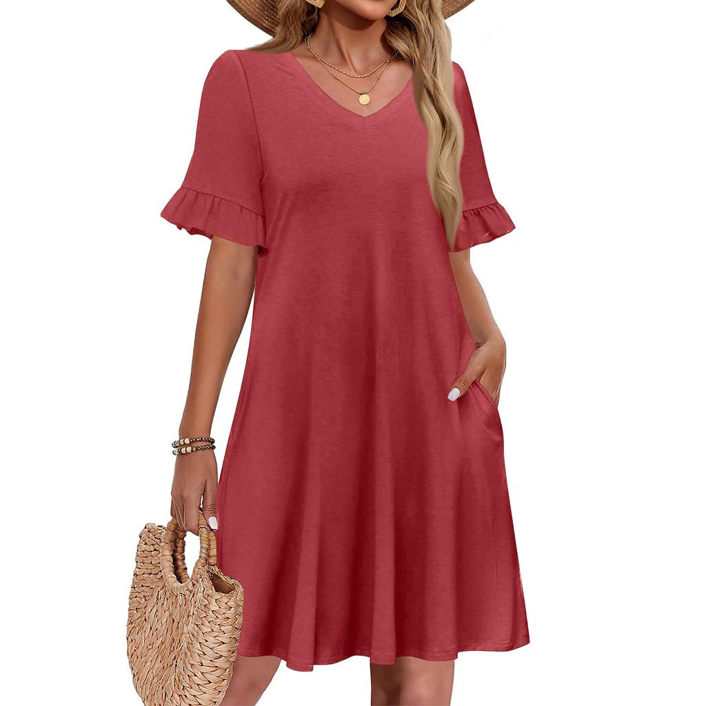 Women A Line Sun Dress Short Sleeve V Neck Dress With Pockets