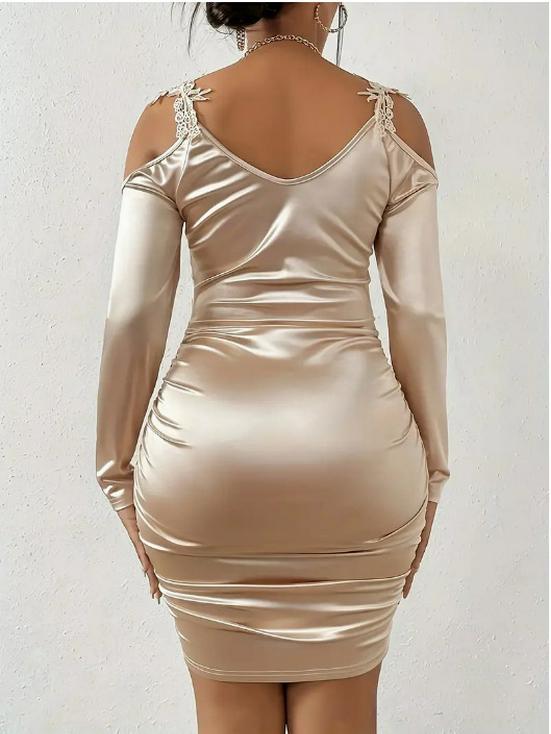 2025 Elegant Lace Satin Bodycon Dress with Pleated Skirt for Spring and Autumn
