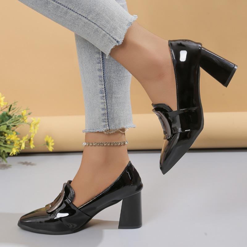 Fashion Block Heel Single Shoes Autumn New Pointed Toe Deep Mouth Metal Buckle Slip Anti-slip Wear-resistant High Heels