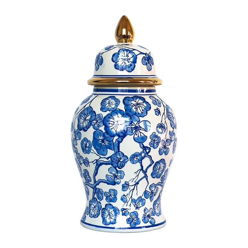 Gold Plated Blue and White Porcelain Ginger Jar with Lids Ceramic General Jars Retro Tea Caddy Floral Vases Desk Decoration