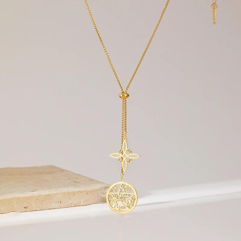 Jeshayuan Witchcraft Pentagram Necklace Women Stainless Steel Tetragrammaton Necklace Long Sweater Box Chain Necklaces Jewelry
