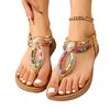 Bohemian Style Roman Toe Ring Beaded Flat Sandals for Women Casual Slip On Elastic Strap Beach Holiday Shoes