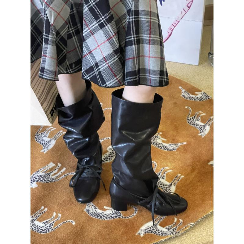 New Retro Strap Niche Design Pants Boots Thick Heel Thick Sole Boots But Knee Pointed Lace-up Knight Boots