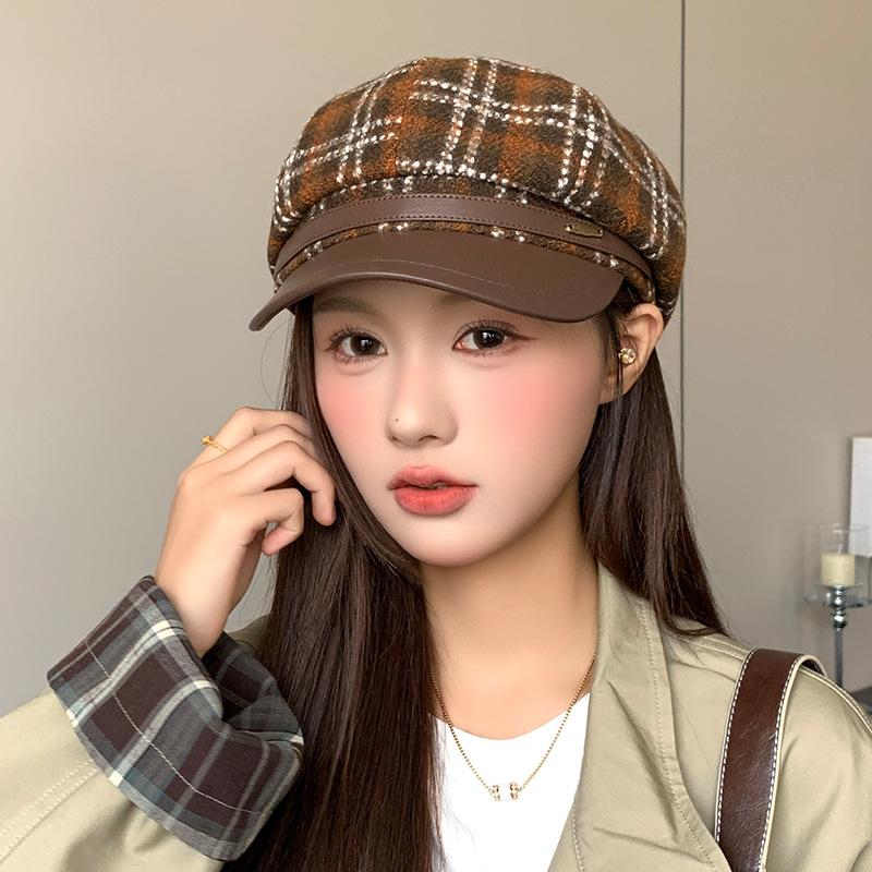 Wool Plaid Octagonal Hat for Women in Autumn and Winter PU Leather Versatile Retro Beret Temperament Fashionable Literary Painter Hat