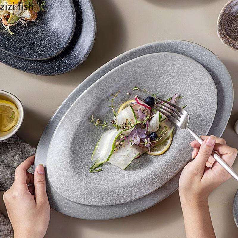 Creative Irregular Oval Ceramic Plate Restaurant Fish Plate Dessert Plate Sushi Dish Shallow Plates Restaurant Special Tableware