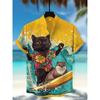 Men's Street Style Short-sleeved Shirt, Quirky Black Cat and Shark Print Casual Men's Top, Trendy and Fashionable Hawaiian Shirt