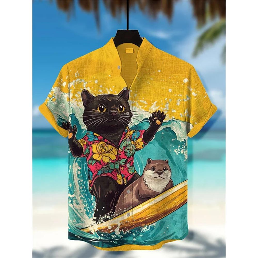 Men's Street Style Short-sleeved Shirt, Quirky Black Cat and Shark Print Casual Men's Top, Trendy and Fashionable Hawaiian Shirt