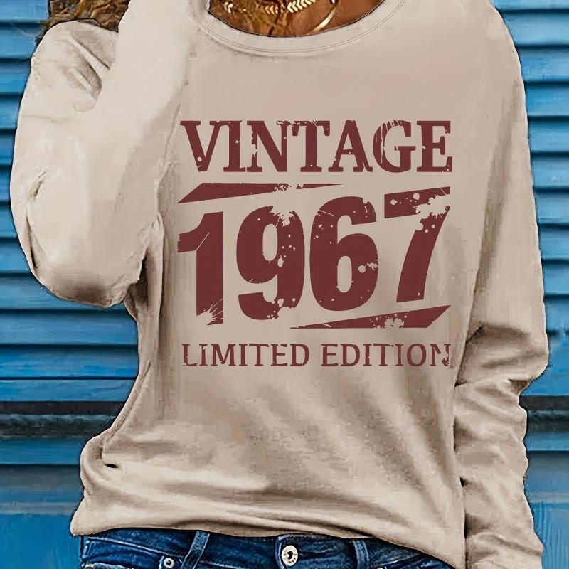 Women's Spring and Autumn Fashion Casual VINTAGE 1967 Letter Printed Round Neck Long Sleeve T-shirt Top