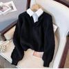 Damen Herbst- und Winter-Patchwork-Hemd Designgefühl Nische Fake Zweiteiliger Pullover Locker Langärmlig Stricktop Trend