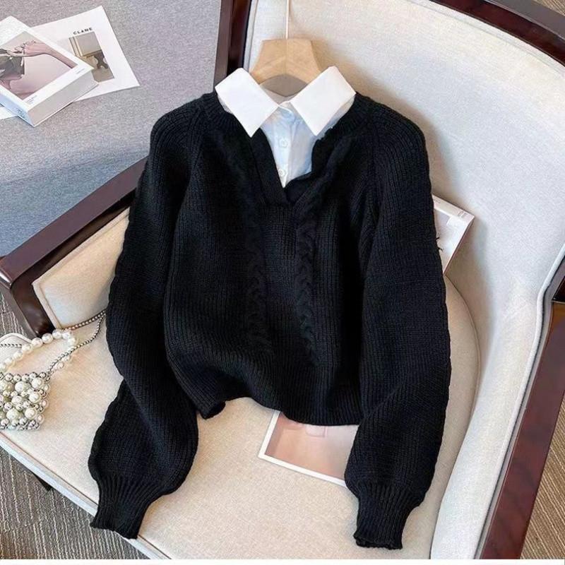 Damen Herbst- und Winter-Patchwork-Hemd Designgefühl Nische Fake Zweiteiliger Pullover Locker Langärmlig Stricktop Trend