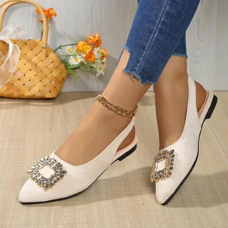 Fashion Daily Pointed Toe Sandals Women 2025 Summer Big Crystal Buckle Flat Heels Shoes Women Elegant White Driving Shoes