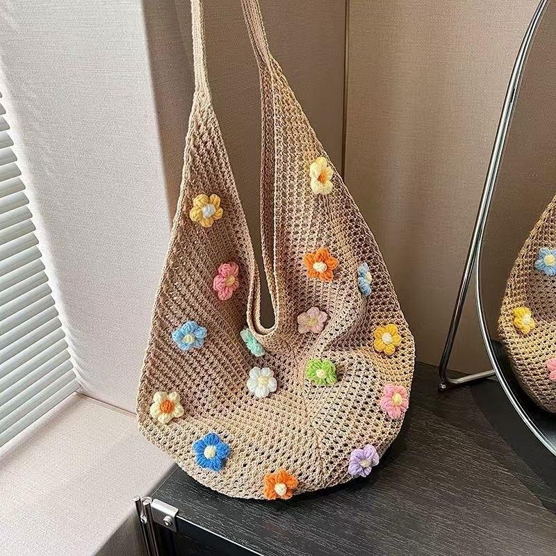 Simple Flower Hollow Knitted Beach Bag Shoulder Bag Women Vest Bag Ins Woolen Bag Shopping Tote