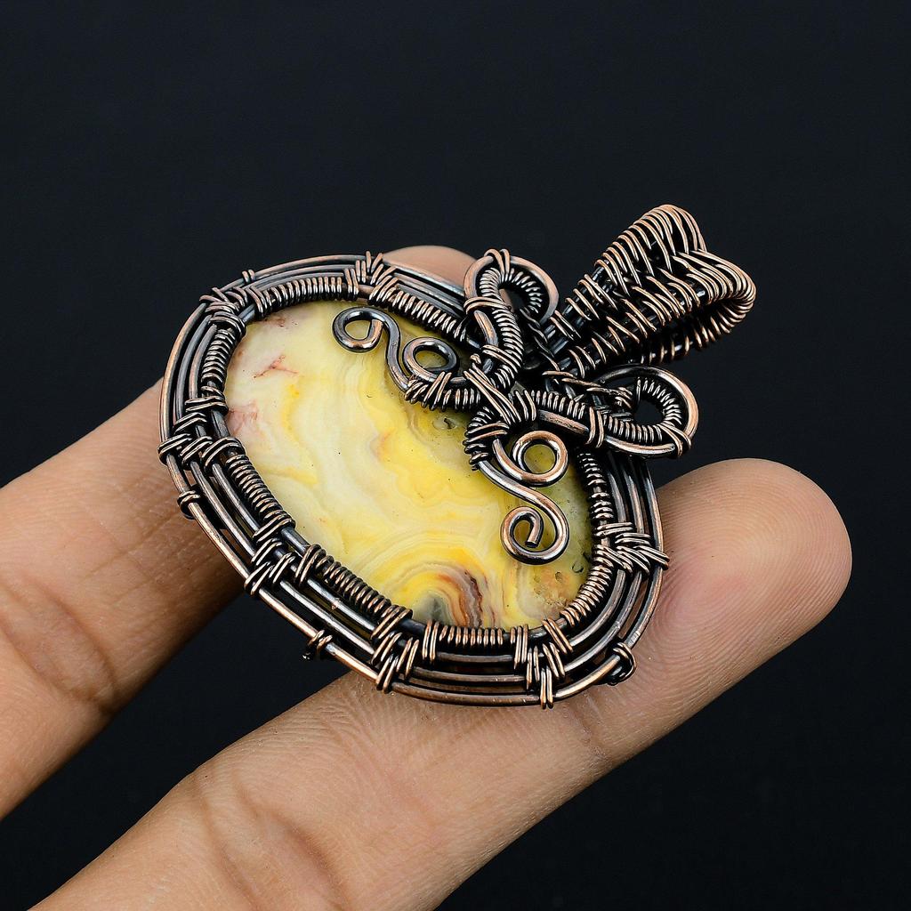 Yellow Laguna Lace Agate Pendant Gemstone Handmade Jewelry,  999 Copper Wire Wrapped Pendant, Gift For Wife Jewelry