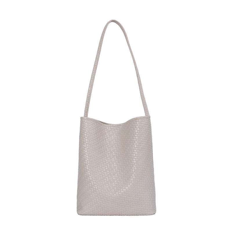 2026 Summer Korean Minimalist Woven Texture Bucket Bag - Large Capacity, Solid Color, Single Shoulder & Handheld