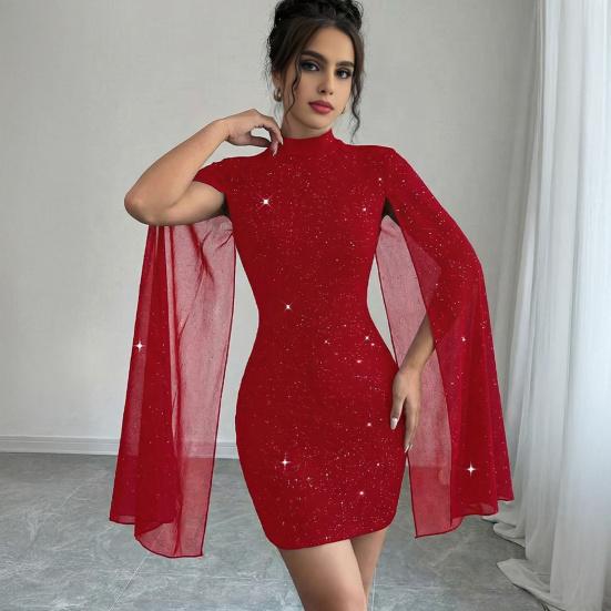Women's Glitter Cloak Sleeve Mini Dress Sexy Mock Neck Cocktail Party Dress Going Out Wedding Guest Dress