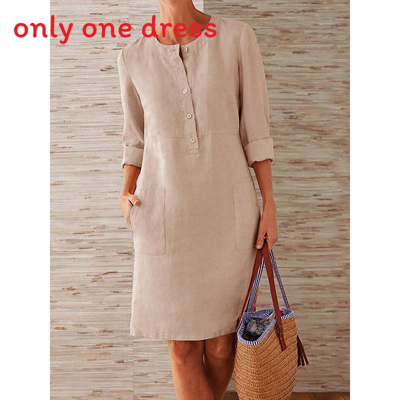 Cotton Linen Long Sleeve Dress With Spliced Design For Casual Office Wear