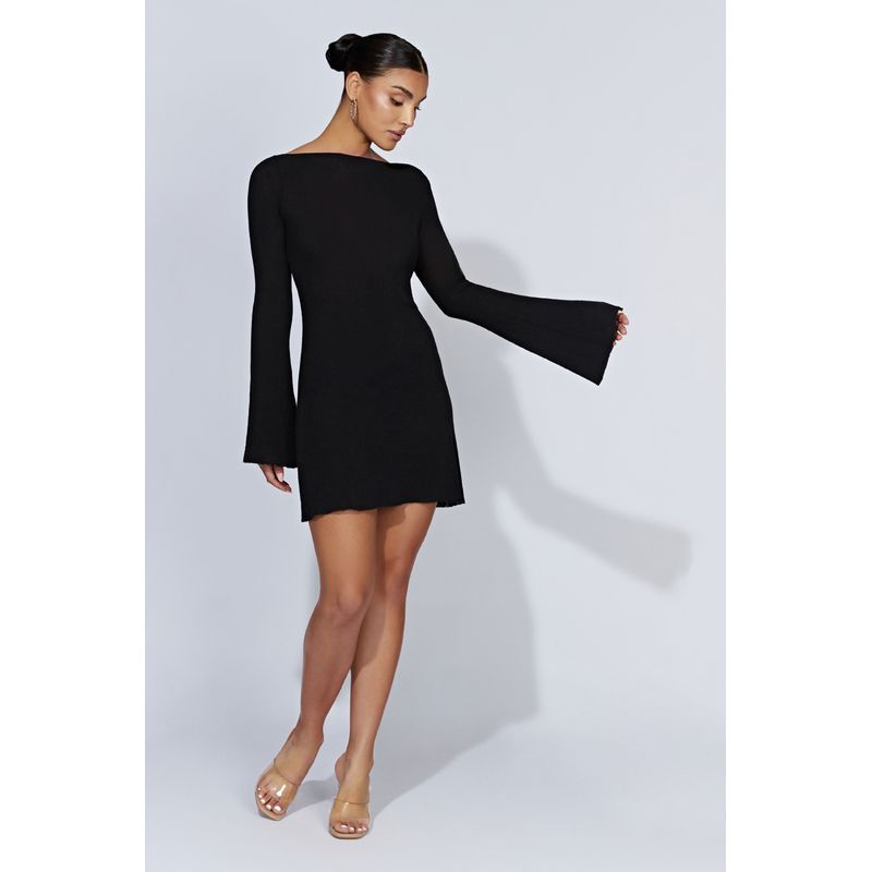 

Sexy Knitted Dress Autumn Women Sexy Lacing Beach Skirt Open Back Bell Sleeve Knitting Dress Black S