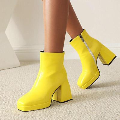Candy Color Women Boots Custom Square Toe Patent Leather High Heels Ankle Boots Women Platform Shoes Winter Pumps Botas WSH4986