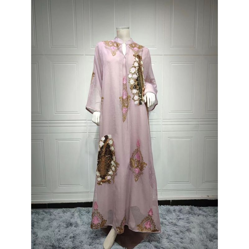 

New Arrival Women s Ethnic Style Dress Mesh Sequin Burnt Flower Formal Dress Mesh Beaded Dress Pink XL