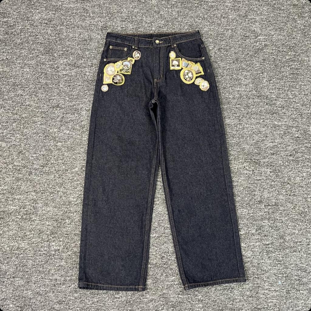 American Retro Harajuku Floral Embroidery Baggy Jeans Men High Street Trendy Streetwear Y2K Casual Straight Pants