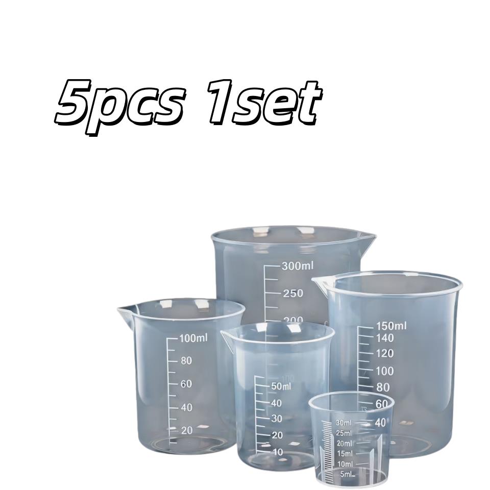 

5pcs Transparent Plastic Measuring Cups – Reusable Lab Beakers, 5 Sizes, for Paint, Dye, DIY