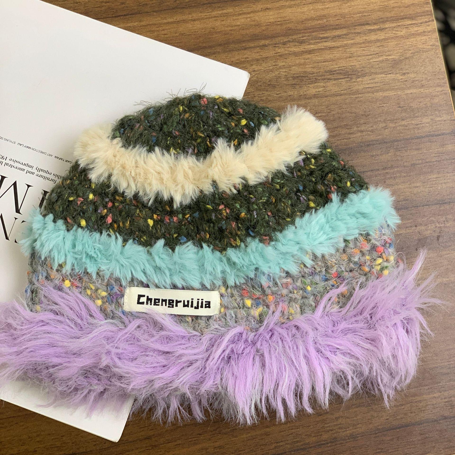 

Допамин контрастного цвета плюшевая вязаная шапка детская осень и зима 2025 новая шерстяная шапка термозащитная сумка для ушей шапка для умывальника M（56-58cm） фиолетовый